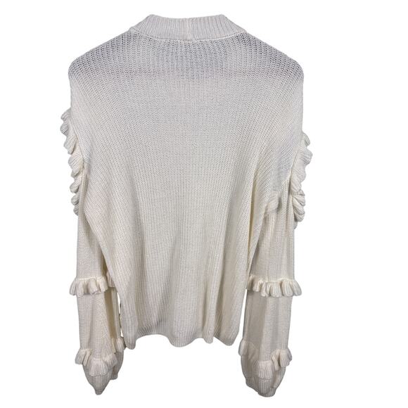 Express Pullover Sweater Women Size Medium Ivory Cold Shoulder Cable Knit Ruffle - Picture 2 of 11